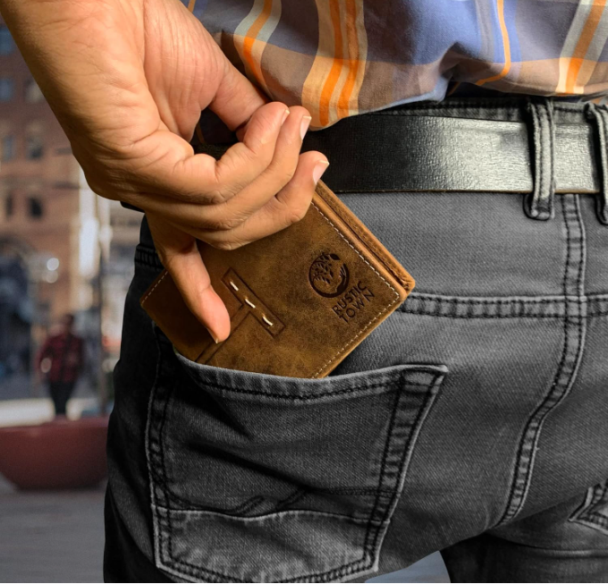 RUSTIC TOWN Mens Wallets - Full Grain Leather RFID Wallet for Men with ID Window, Card Slots and Coin Pocket younik