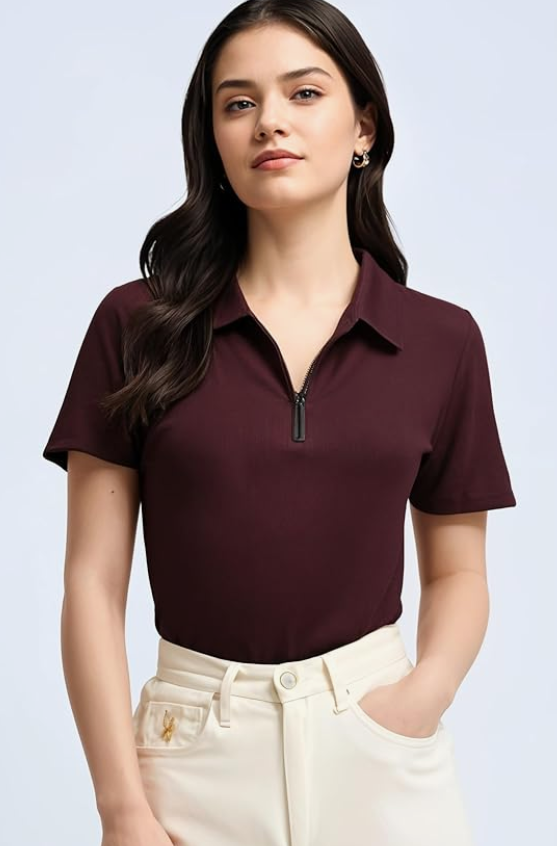 Mack Jonney Ribbed |Regular Fit | Half Sleeves 100% Cotton Polo Neck Self Design with Zip T-Shirt for Women-M919 younik