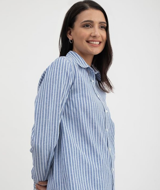 FableStreet Cotton Linen Stripes Shirt - Blue younik