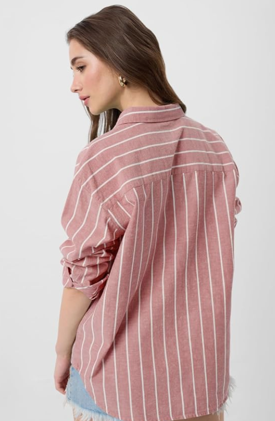 The Souled Store Striped Cotton Linen Shirt: Women and Girls Long Sleeves Collared Neck Button Front Cotton Linen Boyfriend Shirts younik