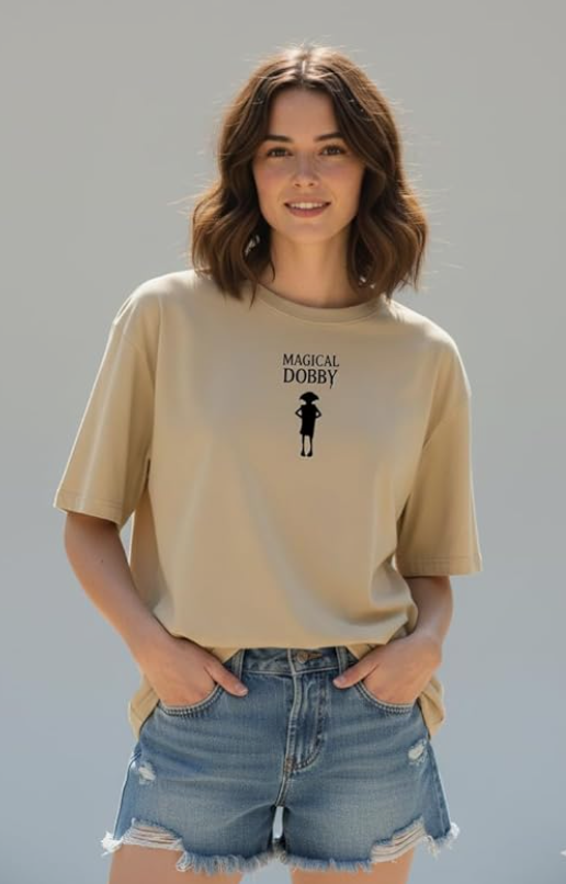 Wearzy Magical Dobby Oversized T-Shirt for Women | Beige Minimal Graphic Tee | Trendy Casual Cotton Top | Aesthetic Printed T-Shirt for Girls & Potter Fans younik