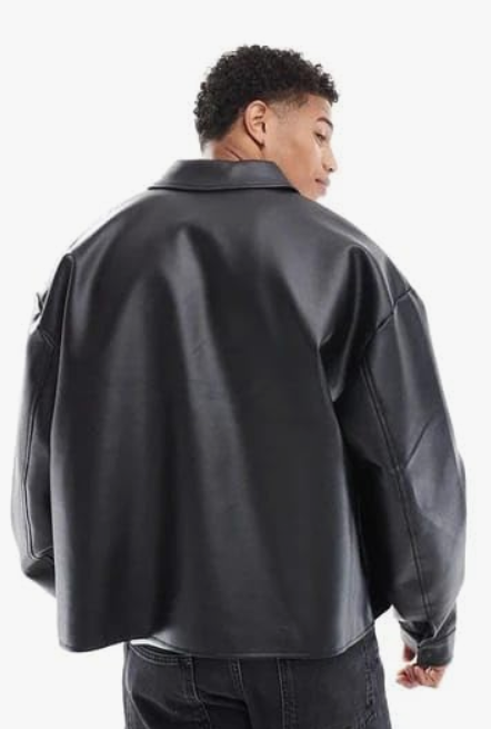 DRIP SPOILER Men's Black Faux Leather Bomber Jacket With Front Zip Closure And Minimal Design For Casual Or Semi Formal Look younik