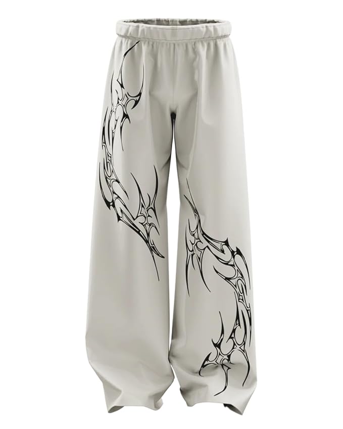 Tribal Print Baggy Streetwear | Oversized Track Pants with Elastic Waist | Black and White Relaxed Fit Bottoms