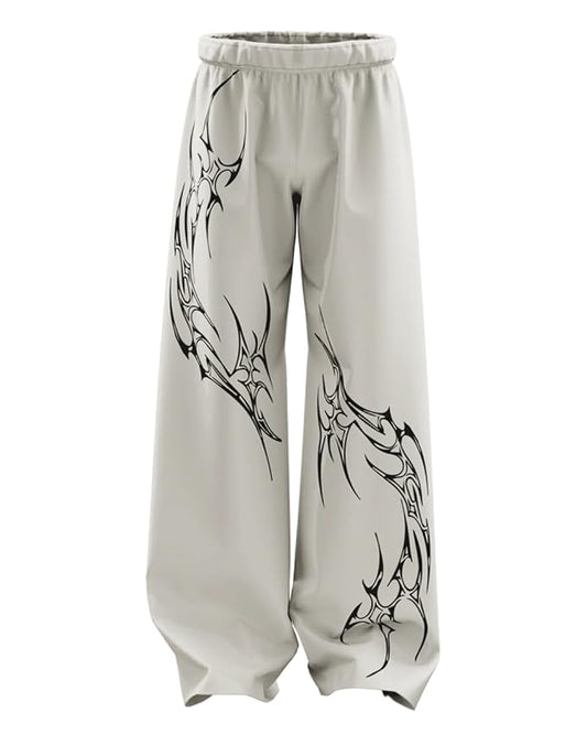 Tribal Print Baggy Streetwear | Oversized Track Pants with Elastic Waist | Black and White Relaxed Fit Bottoms