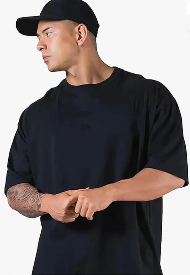 Veirdo® Oversized Baggy Fit Drop Shoulder Half Sleeves Round Neck Solid Pure 100% Cotton T-Shirt for Men younik