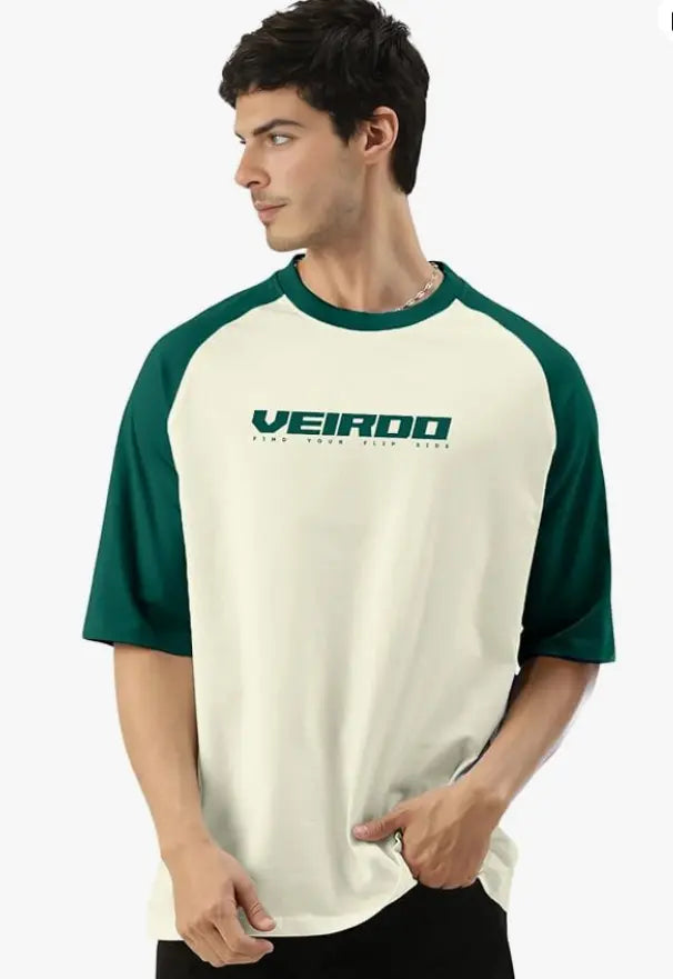 Veirdo® 100% Pure Cotton Oversized Loose Baggy Fit Drop Shoulder Round Neck Cool Front Chest Typographic Logo Printed Raglan Sleeve T-Shirt for Men younik