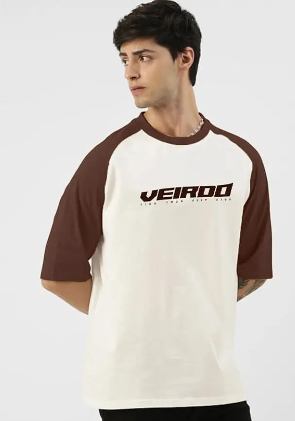 Veirdo® 100% Pure Cotton Oversized Loose Baggy Fit Drop Shoulder Round Neck Cool Front Chest Typographic Logo Printed Raglan Sleeve T-Shirt for Men younik