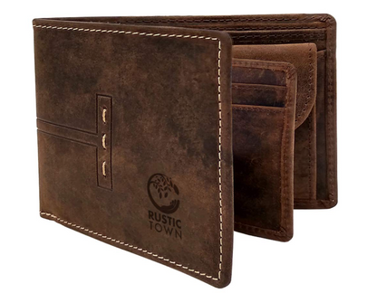RUSTIC TOWN Mens Wallets - Full Grain Leather RFID Wallet for Men with ID Window, Card Slots and Coin Pocket younik