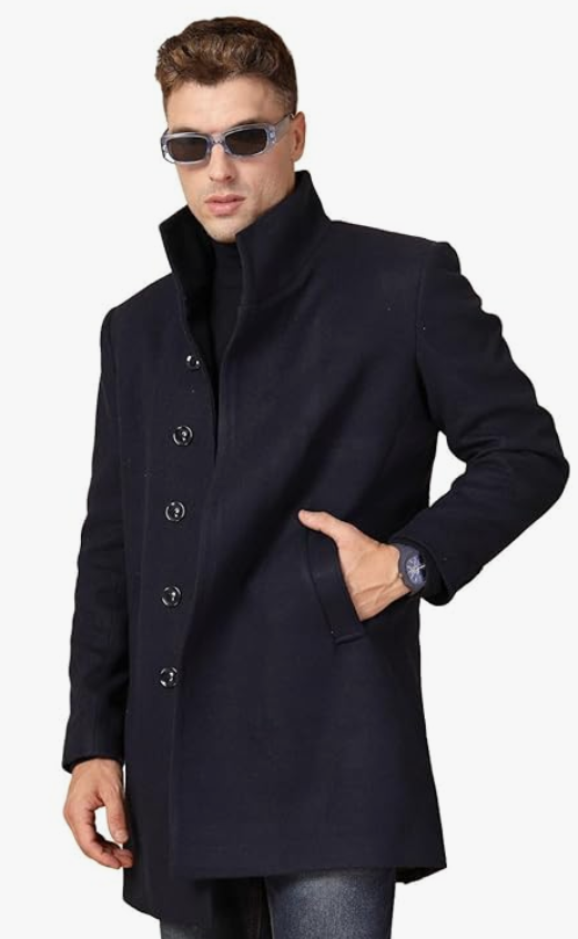 CHKOKKO Men Wool Blend Stylish Long Winter Coat Single Breasted Thigh Length Overcoat With Elegant Spread Collar & Practical Front Side Pockets For Formal Or Semi-Formal Occasions younik