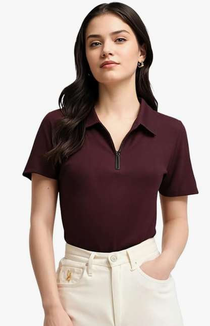 Mack Jonney Ribbed |Regular Fit | Half Sleeves 100% Cotton Polo Neck Self Design with Zip T-Shirt for Women-M919 younik