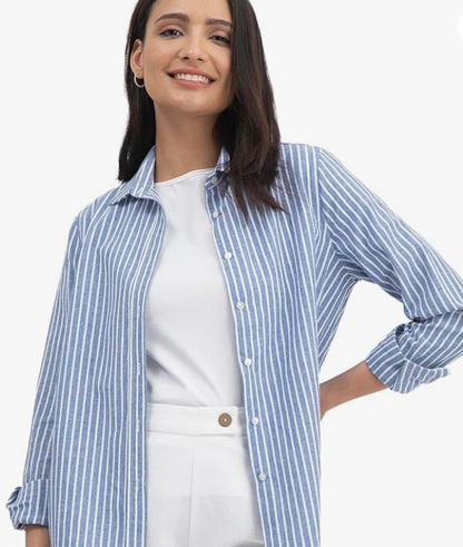 FableStreet Cotton Linen Stripes Shirt - Blue younik