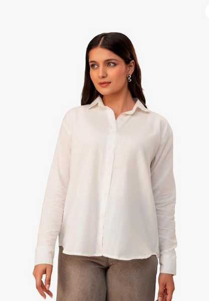 ANNA MONNA Women's Linen Blend Shirt | Casual Collared Button Down Shirt for Women | Solid Color Full Sleeve Oversized Fit | Summer Casual & Office Wear Top younik