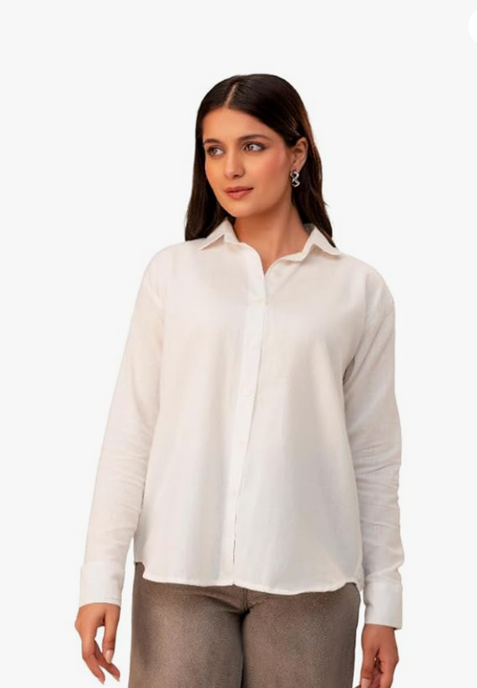 ANNA MONNA Women's Linen Blend Shirt | Casual Collared Button Down Shirt for Women | Solid Color Full Sleeve Oversized Fit | Summer Casual & Office Wear Top younik