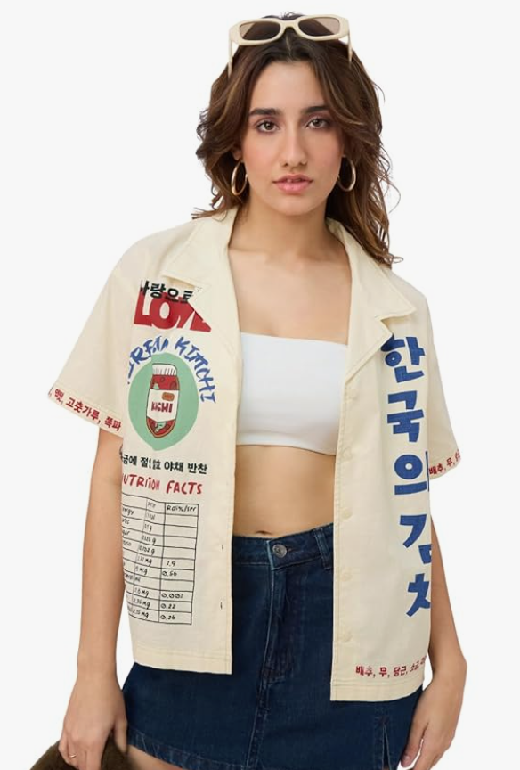 The Souled Store Cotton Linen Shirt: Kimchi Women and Girls Short Sleeves Spread Collar Graphic Printed Cotton Linen Blend Oversized Fit Lightweight Summer-Ready Holiday Shirt for Casual Streetwear younik