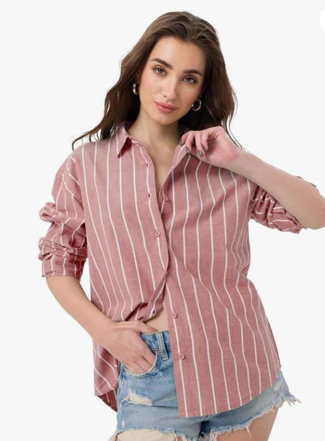 The Souled Store Striped Cotton Linen Shirt: Women and Girls Long Sleeves Collared Neck Button Front Cotton Linen Boyfriend Shirts younik