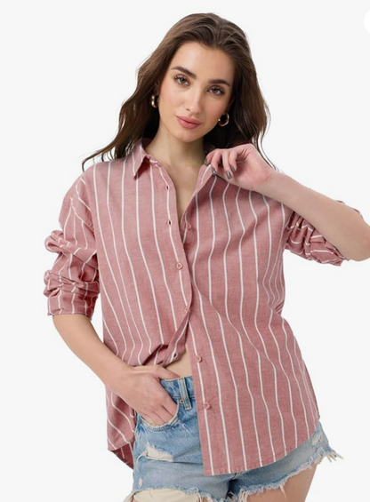 The Souled Store Striped Cotton Linen Shirt: Women and Girls Long Sleeves Collared Neck Button Front Cotton Linen Boyfriend Shirts younik