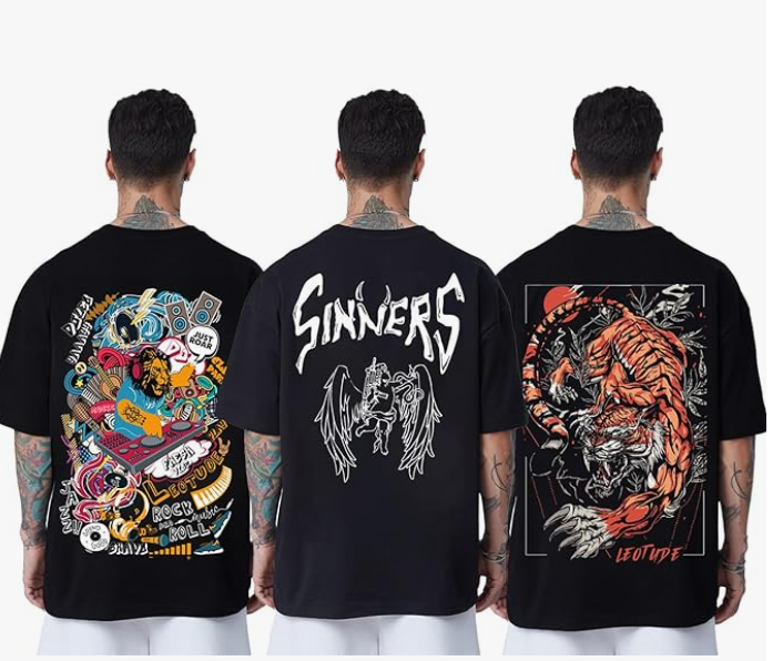 LEOTUDE Men's Cotton Oversized Fit Oversized Tshirt Drop Shoulder ful Printed Combos (Pack of 3) younik