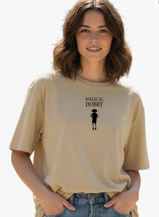 Wearzy Magical Dobby Oversized T-Shirt for Women | Beige Minimal Graphic Tee | Trendy Casual Cotton Top | Aesthetic Printed T-Shirt for Girls & Potter Fans younik
