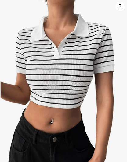 Aahwan Women Polyester Striped Slim Fit Crop Polo Collar Short Sleeve T-Shirt younik