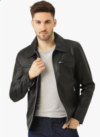 Leather Retail Men's Black Solid Jacket younik