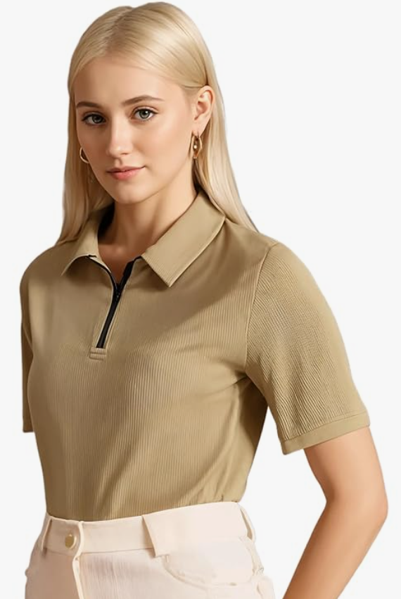 Mack Jonney Ribbed |Regular Fit | Half Sleeves 100% Cotton Polo Neck Self Design with Zip T-Shirt for Women-M950 younik