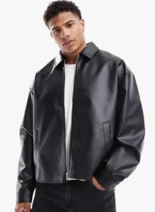 DRIP SPOILER Men's Black Faux Leather Bomber Jacket With Front Zip Closure And Minimal Design For Casual Or Semi Formal Look younik