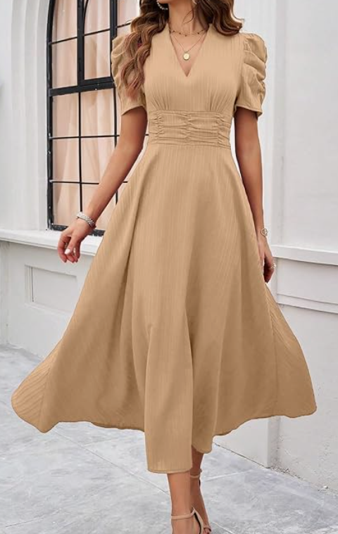 Shasmi Girl's & Women's Solid Color V-Neck A-Line Maxi Dress for Women | New Year Party Outfit | Waist Cinched Puff Sleeve Western Dress | Elegant Casual Wear ( younik