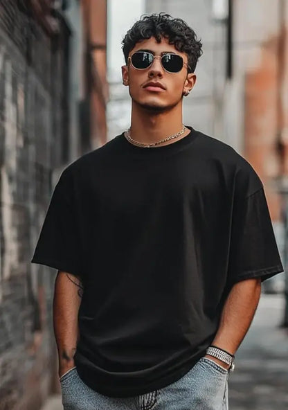 Veirdo® Oversized Baggy Fit Drop Shoulder Half Sleeves Round Neck Solid Pure 100% Cotton T-Shirt for Men younik