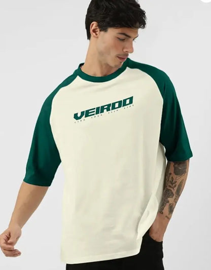 Veirdo® 100% Pure Cotton Oversized Loose Baggy Fit Drop Shoulder Round Neck Cool Front Chest Typographic Logo Printed Raglan Sleeve T-Shirt for Men younik