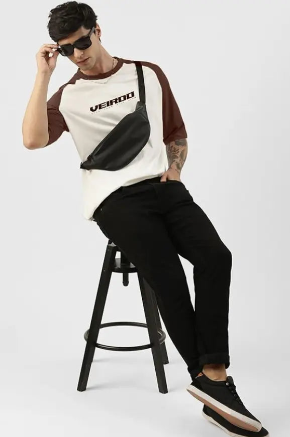 Veirdo® 100% Pure Cotton Oversized Loose Baggy Fit Drop Shoulder Round Neck Cool Front Chest Typographic Logo Printed Raglan Sleeve T-Shirt for Men younik