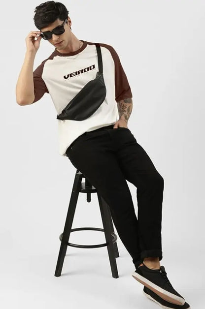 Veirdo® 100% Pure Cotton Oversized Loose Baggy Fit Drop Shoulder Round Neck Cool Front Chest Typographic Logo Printed Raglan Sleeve T-Shirt for Men younik