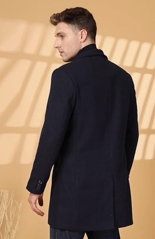 CHKOKKO Men Wool Blend Stylish Long Winter Coat Single Breasted Thigh Length Overcoat With Elegant Spread Collar & Practical Front Side Pockets For Formal Or Semi-Formal Occasions younik
