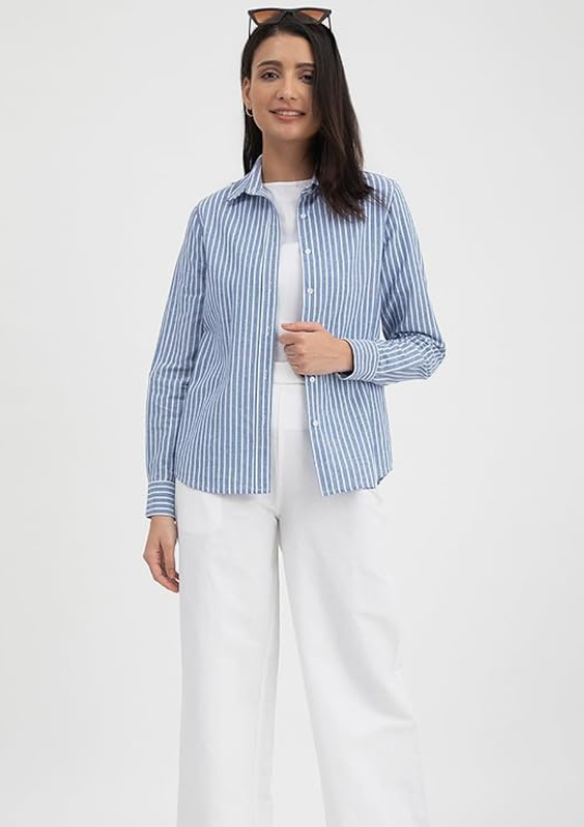 FableStreet Cotton Linen Stripes Shirt - Blue younik