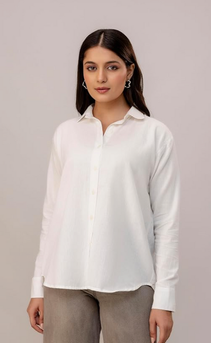 ANNA MONNA Women's Linen Blend Shirt | Casual Collared Button Down Shirt for Women | Solid Color Full Sleeve Oversized Fit | Summer Casual & Office Wear Top younik