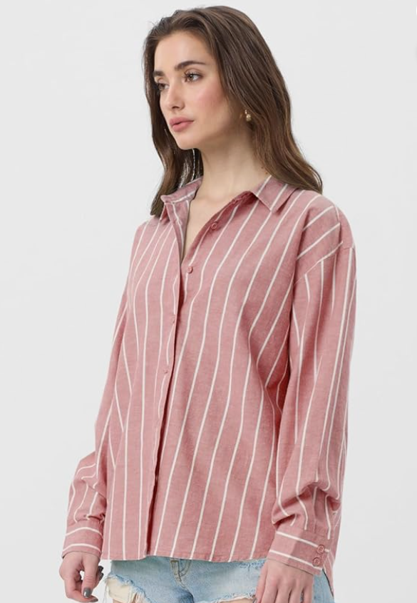 The Souled Store Striped Cotton Linen Shirt: Women and Girls Long Sleeves Collared Neck Button Front Cotton Linen Boyfriend Shirts younik