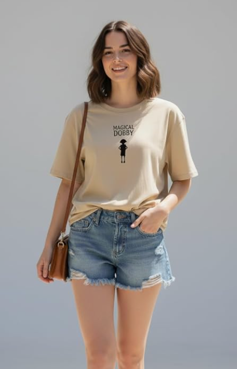Wearzy Magical Dobby Oversized T-Shirt for Women | Beige Minimal Graphic Tee | Trendy Casual Cotton Top | Aesthetic Printed T-Shirt for Girls & Potter Fans younik