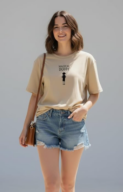 Wearzy Magical Dobby Oversized T-Shirt for Women | Beige Minimal Graphic Tee | Trendy Casual Cotton Top | Aesthetic Printed T-Shirt for Girls & Potter Fans younik