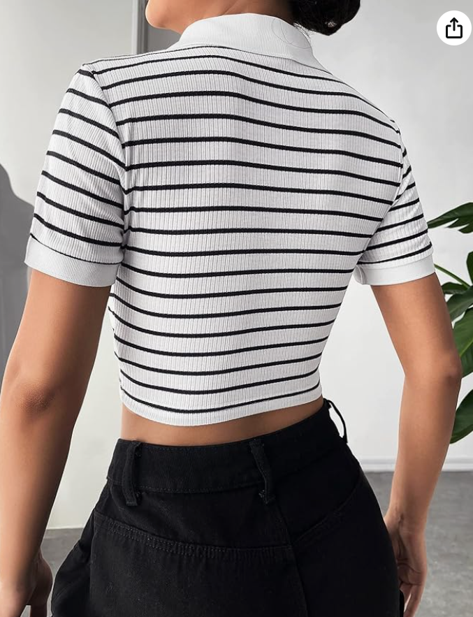 Aahwan Women Polyester Striped Slim Fit Crop Polo Collar Short Sleeve T-Shirt younik